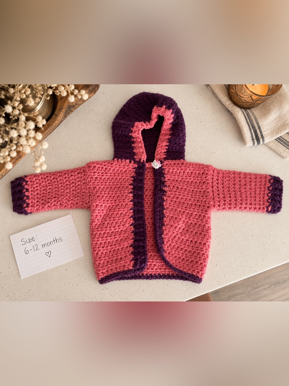 Handmade Crochet Baby Hooded Cardigan Dusty Rose Purple OOAK